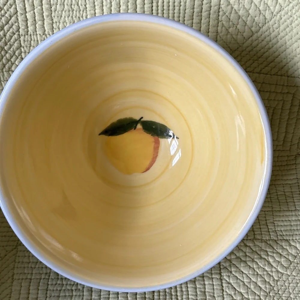 Hartstone USA Hand Painted Fruit Stoneware Bowl Yellow Blue Green 7.25